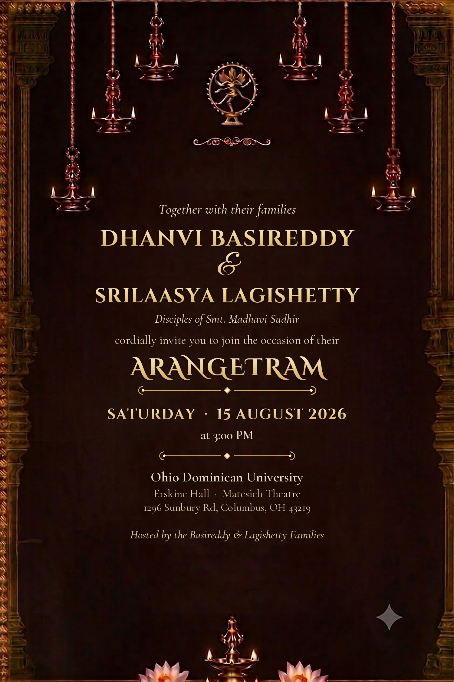 Arangetram invitation — Dhanvi Basireddy & Srilaasya Lagishetty